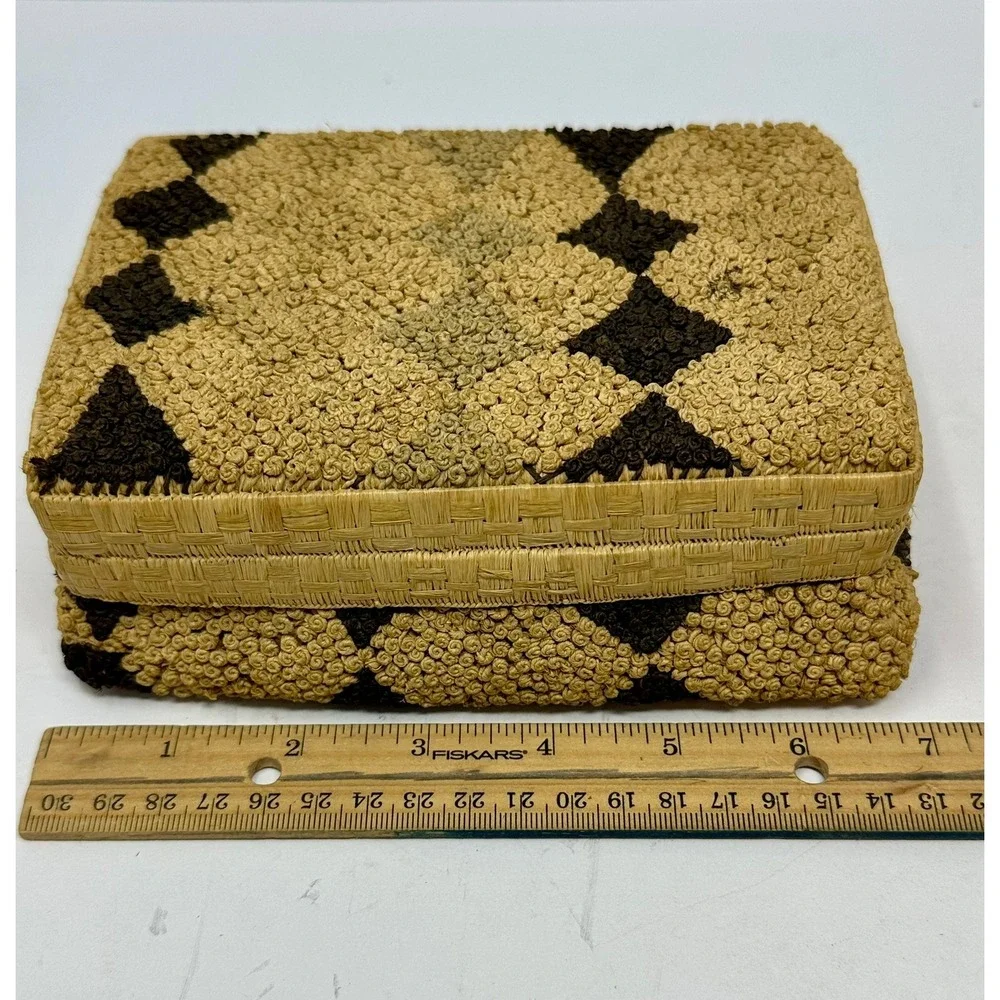 Vintage Hand Woven Raffia Straw Decorative Box Diamond Pattern Boho Decor 6.5